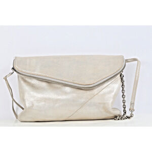HOBO Crossbody Bag Ivory Shiny Metallic Leather Chain Detachable Strap